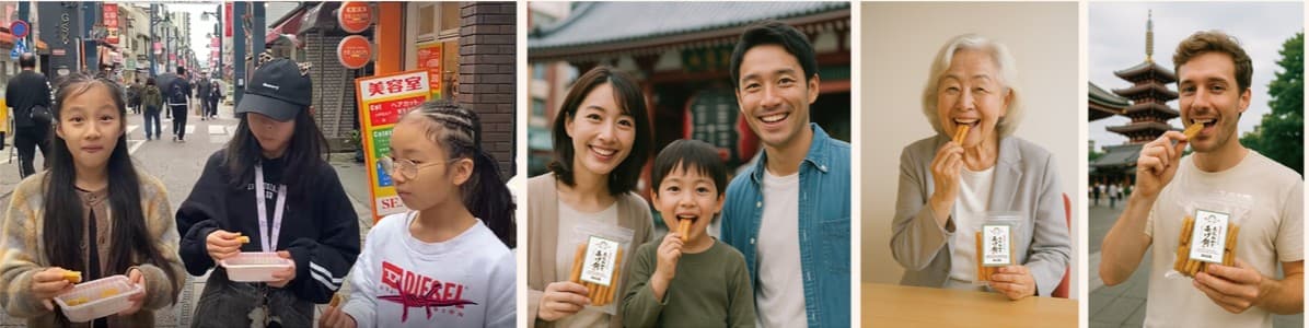 浅草おかきを楽しむ人々の様子