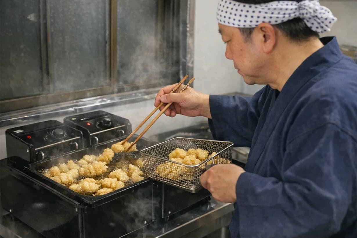 浅草でおかきを揚げる製造の様子